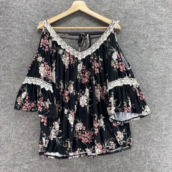 Always Indigo Blouse Women 3X Plus Black Floral V-Neck 3/4 Sleeve Tasseled Rayon - Picture 1 of 10